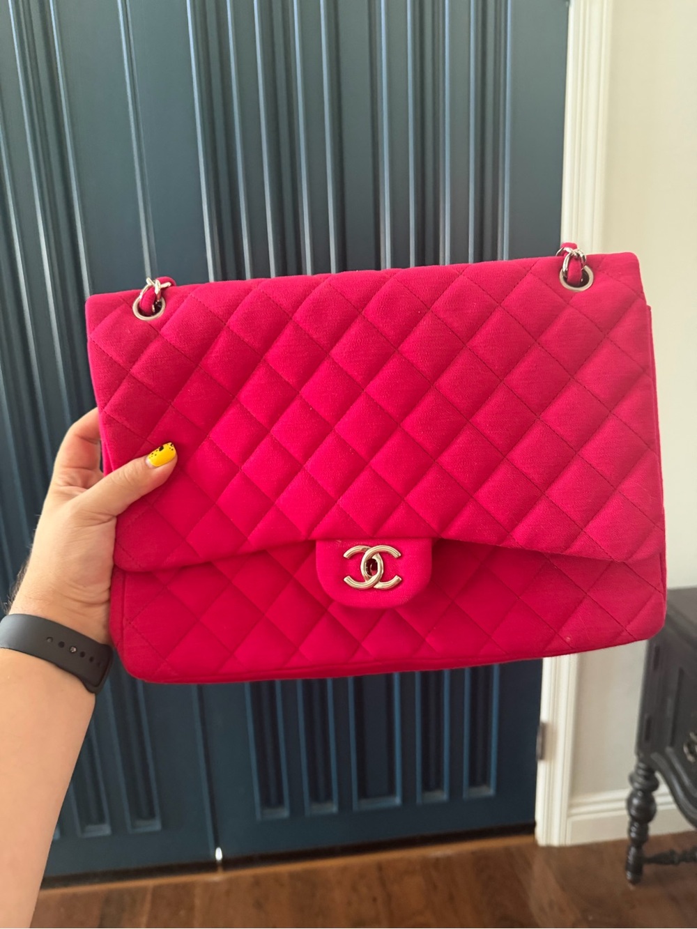 Jumbo CHANEL Quilted Classic Flap Bag in Hot Pink Jersey
